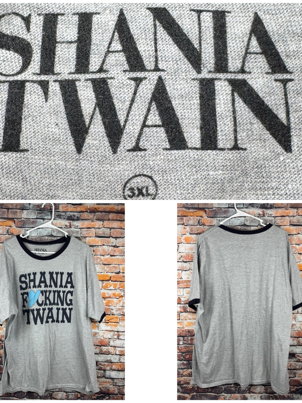 Shania Twin Gray Ringer T-Shirt Shania Focking Twain Siz 3XL Cotton Melange